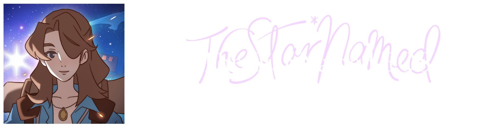 A square logo with a long hair female wearing necklace with a shining star behind drawn. Beside the logo placing the subtitle of the game app The Star Named EOS.