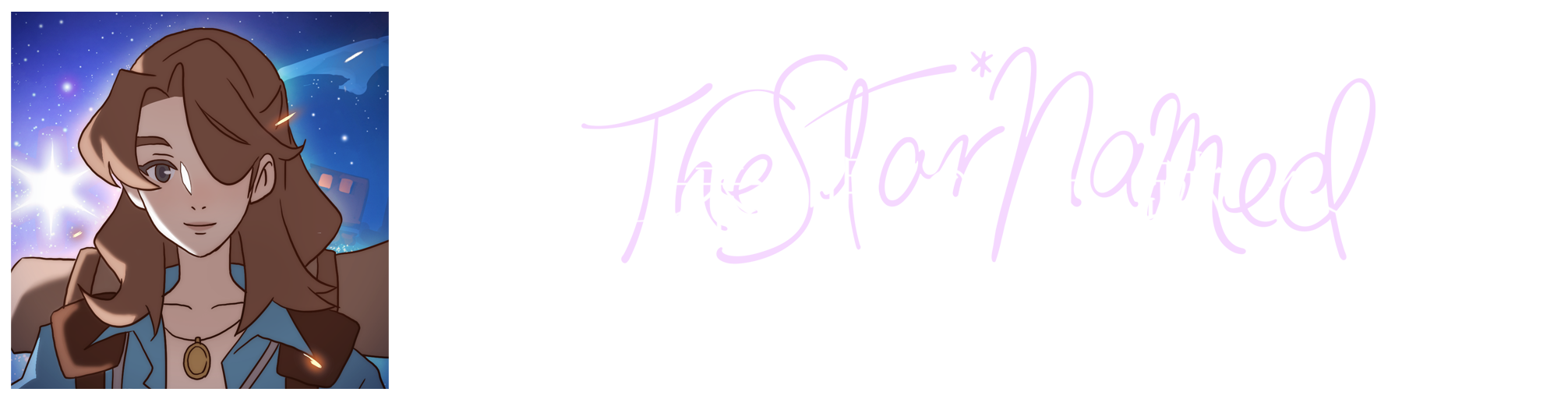 A square logo with a long hair female wearing necklace with a shining star behind drawn. Beside the logo placing the subtitle of the game app The Star Named EOS.