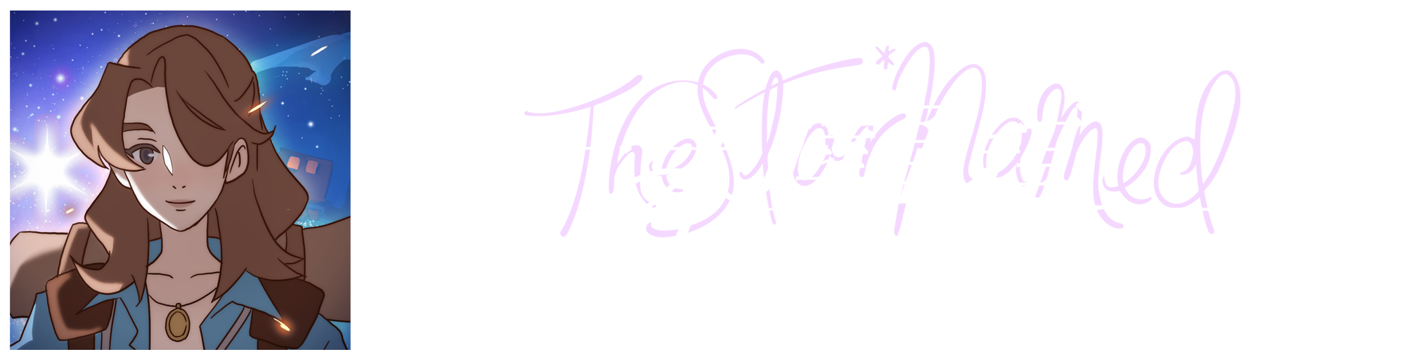 一個正方形的標誌，上面畫有一位佩戴項鍊的長髮女性，並在其身後有顆閃亮的星。標誌旁邊為《The Star Named EOS：未曉星程》遊戲 app 的副標題。
